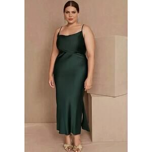 BHLDN Cali Satin Cowl-Neck Midi Slip Dress Emerald Green Size 18W Plus Size